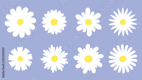Flat daisy set. Chamomile meadow white flowers icons. Daisies floral collection with various petals. Retro groovy trendy isolated vector botanical clipart