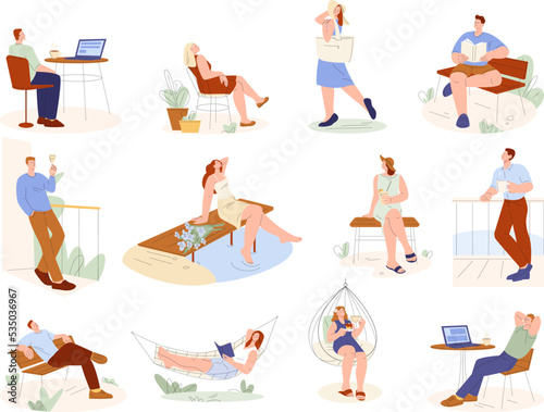 People outdoor relax. Adventure alone, seaside activities for female and male. Person contemplative nature, fun peaceful summer kicky vector scene