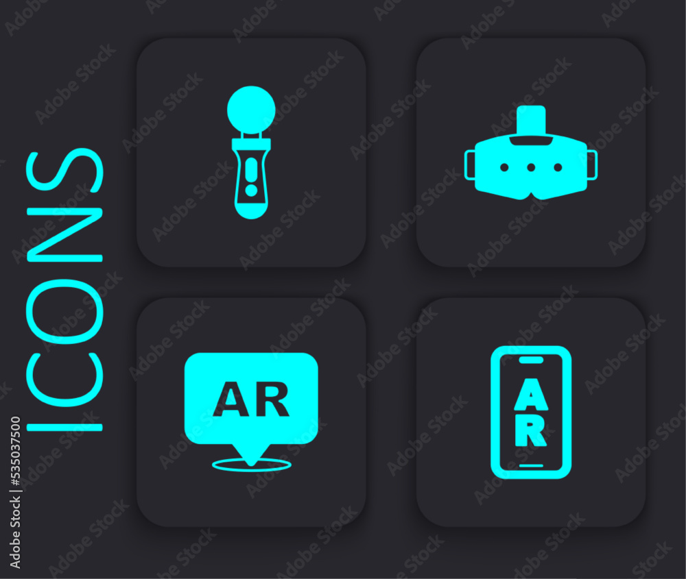 Set Augmented reality AR, VR controller game, Virtual glasses and icon. Black square button. Vector