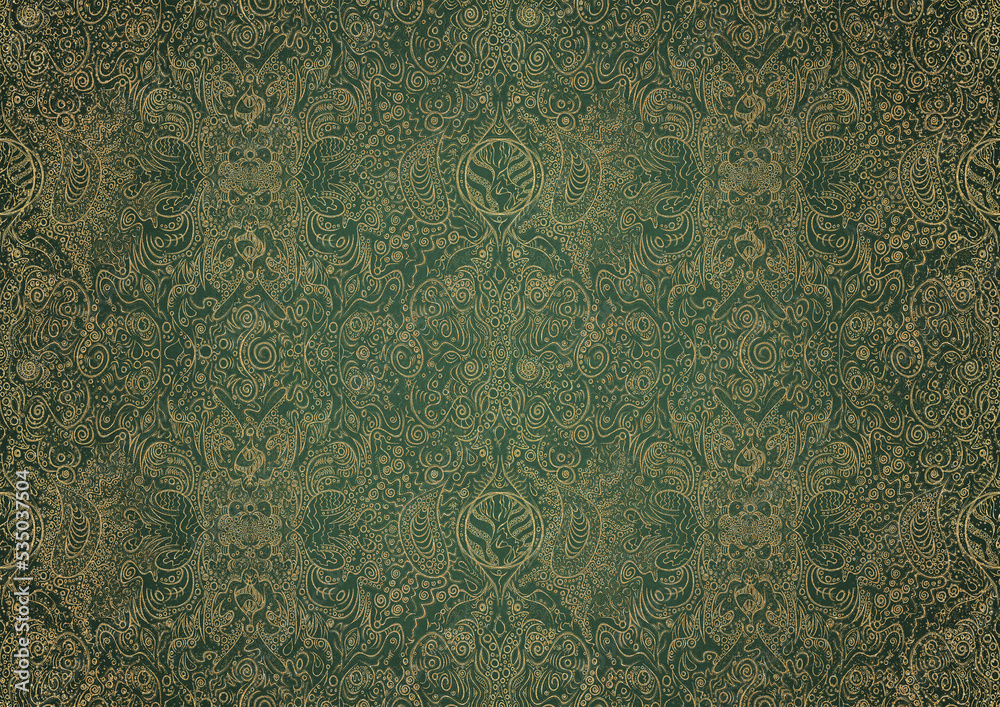 Hand-drawn unique abstract gold ornament on a green warm background, with vignette of darker background color and splatters of golden glitter. Paper texture. Digital artwork, A4. (pattern: p04b) Hand-drawn unique abstract gold ornament on a green warm background, with vignette of darker background color and splatters of golden glitter. Paper texture. Digital artwork, A4. (pattern: p04b)