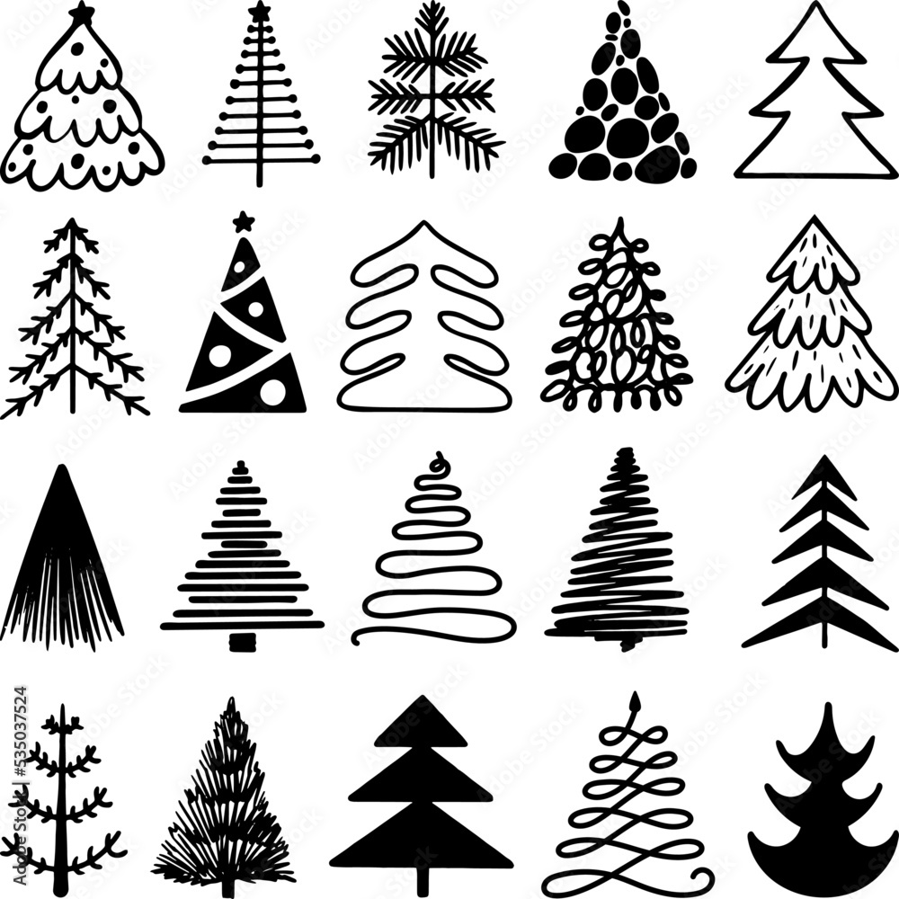 Obraz premium Sketch christmas tree isolated logo set. Hand drawn pencil holiday winter elements. Black fir trees draw rough paintbrush. Joy xmas neoteric vector icons