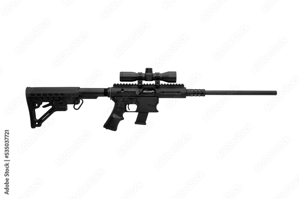 Modern automatic rifle isolated on black background. Weapons for police, special forces and the army. A carbine with optical sights on a dark back.