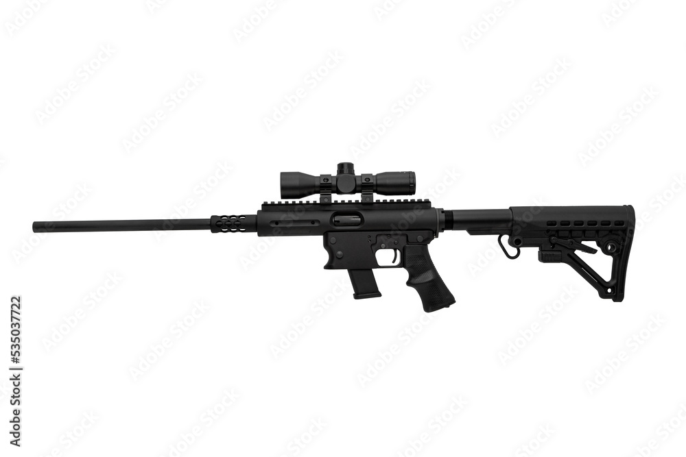 Modern automatic rifle isolated on black background. Weapons for police