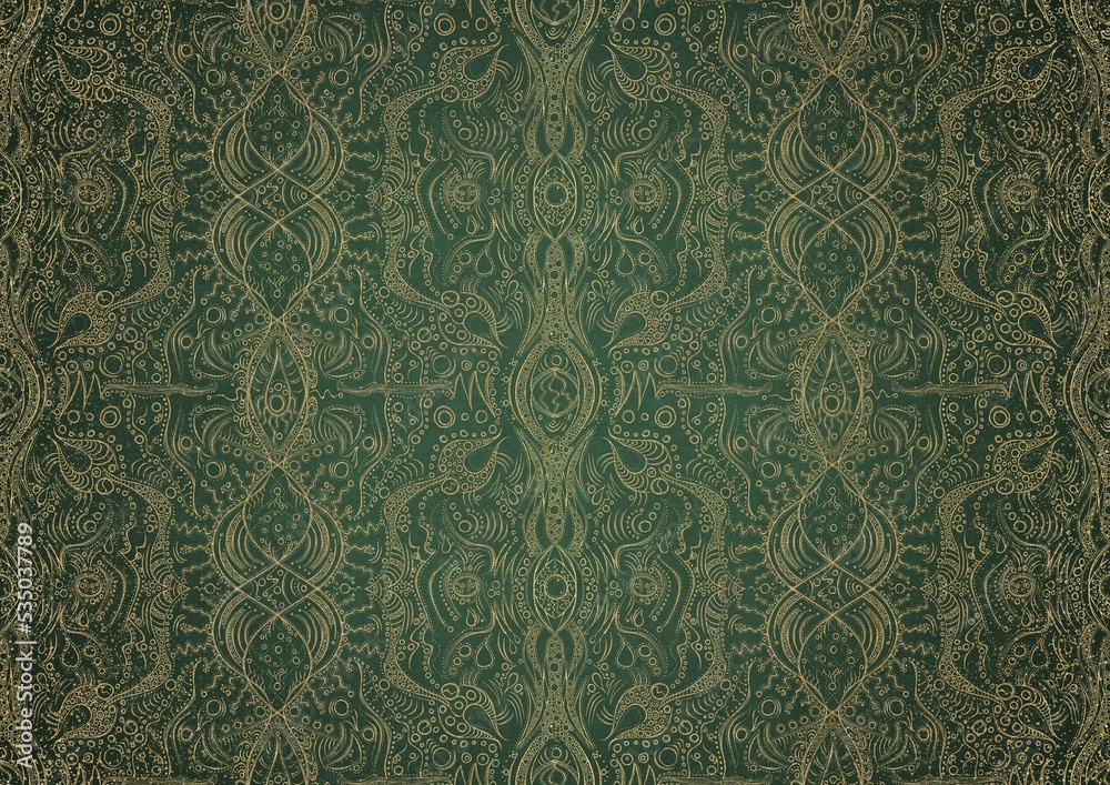 Hand-drawn unique abstract gold ornament on a green warm background, with vignette of darker background color and splatters of golden glitter. Paper texture. Digital artwork, A4. (pattern: p09b)