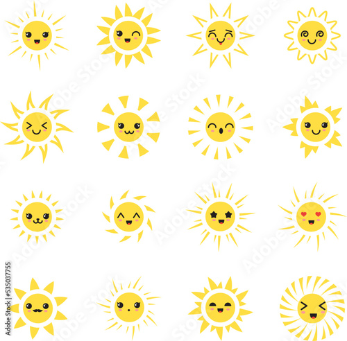 Sun characters. Cartoon suns design, emoji happy expressions, cute sunkids emotions, sunshine heads, energy faces