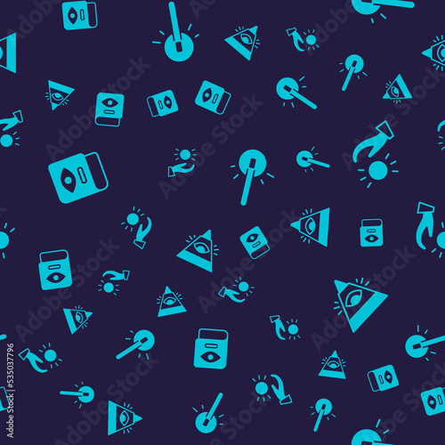 Set Ancient magic book, Ball levitating above hand, Magic wand and All-seeing eye of God on seamless pattern. Vector