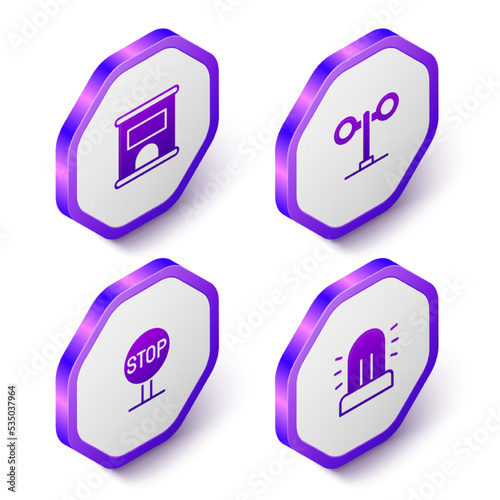 Set Isometric Ticket office to buy tickets, Train traffic light, Stop sign and Flasher siren icon. Purple hexagon button. Vector