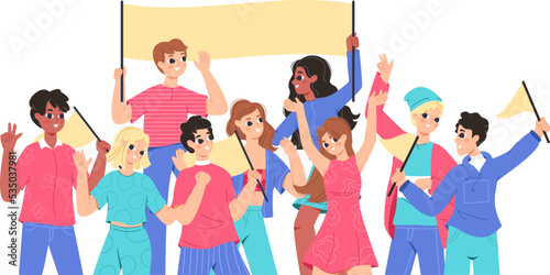 Happy support group young people. Teens team portrait, positive youth together. Fan club or demonstration students with flags and banner, snugly vector friends