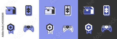Set Game controller or joystick, Chest for game, rating with medal and Mobile gaming icon. Vector
