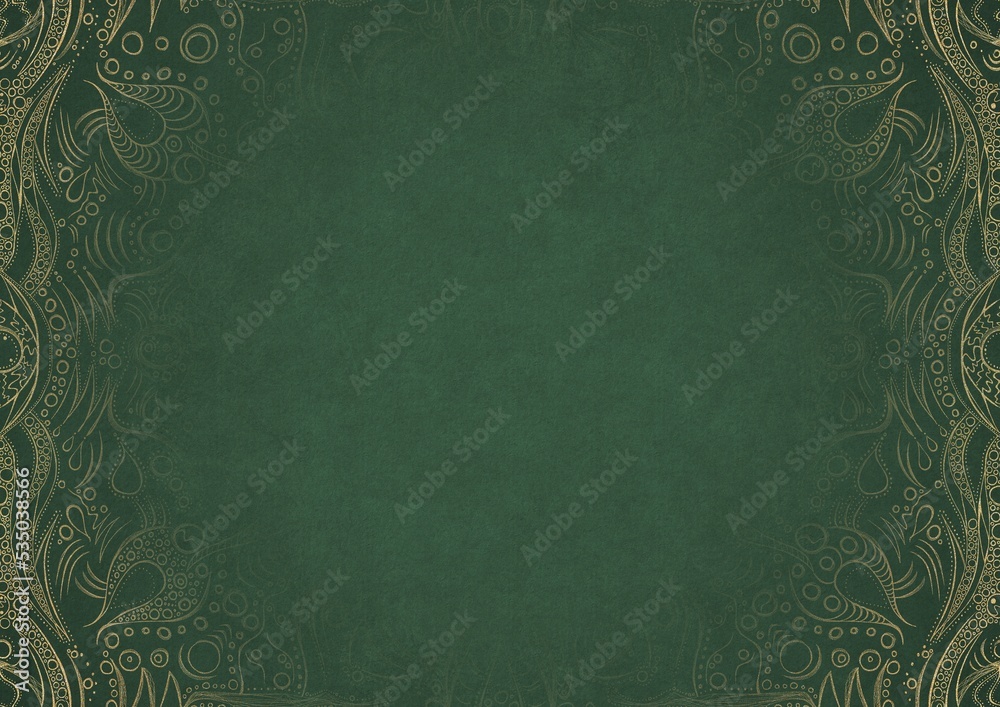 Warm green textured paper with vignette of golden hand-drawn pattern. Copy space. Digital artwork, A4. (pattern: p09a)