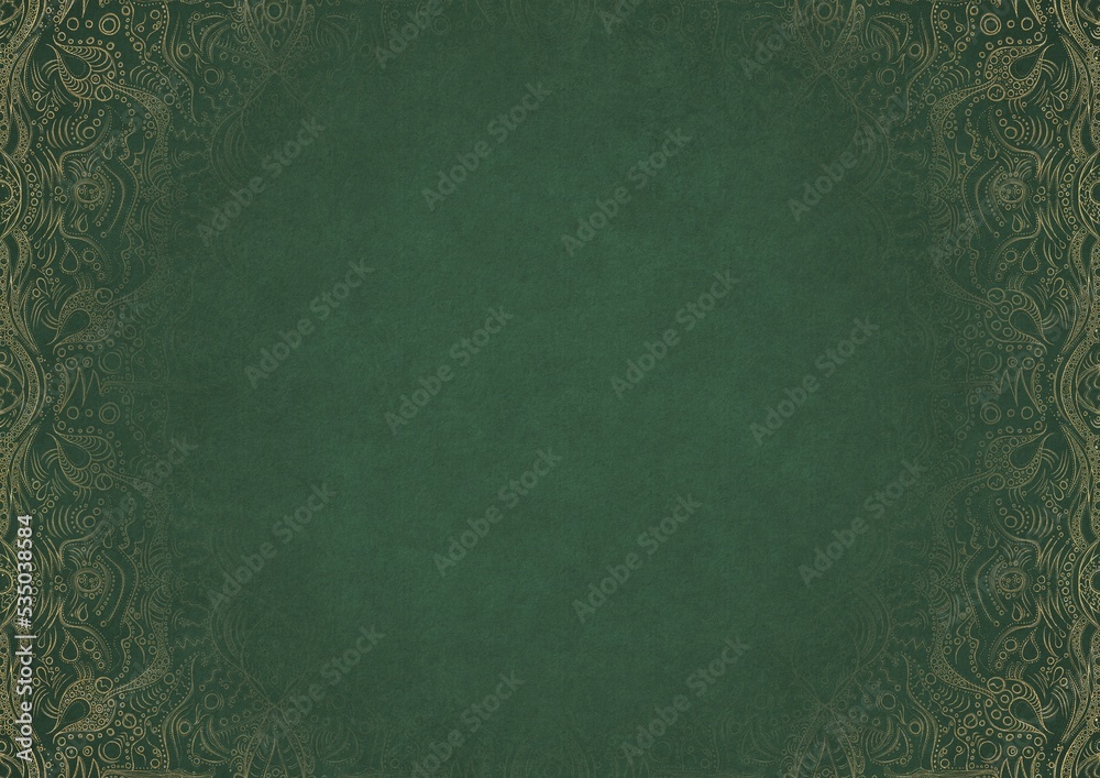 Naklejka premium Warm green textured paper with vignette of golden hand-drawn pattern. Copy space. Digital artwork, A4. (pattern: p09b)