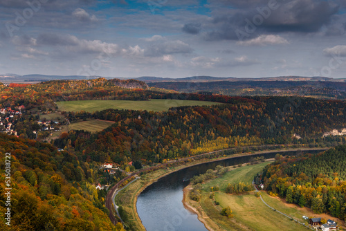 View of a village in the countryside in autumn near Saxon Switzerland Mountains. Valley of river Elbe. Dresden. Germany. 
