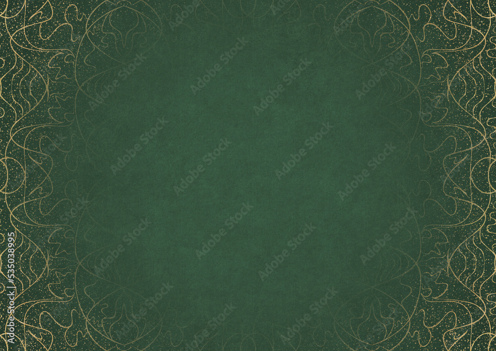 Warm green textured paper with vignette of golden hand-drawn pattern and golden glitter splatter. Copy space. Digital artwork, A4. (pattern: p02-1b)