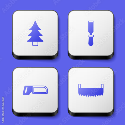 Set Tree, Chisel tool, Hacksaw and Two-handed icon. White square button. Vector