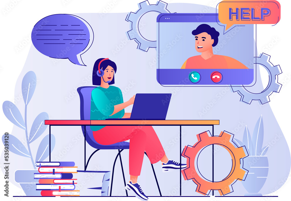 Customer service concept with people scene. Woman working as call center operator or hotline consultant in headset and talking with client. Illustration with characters in flat design for web Customer service concept with people scene. Woman working as call center operator or hotline consultant in headset and talking with client. Illustration with characters in flat design for web