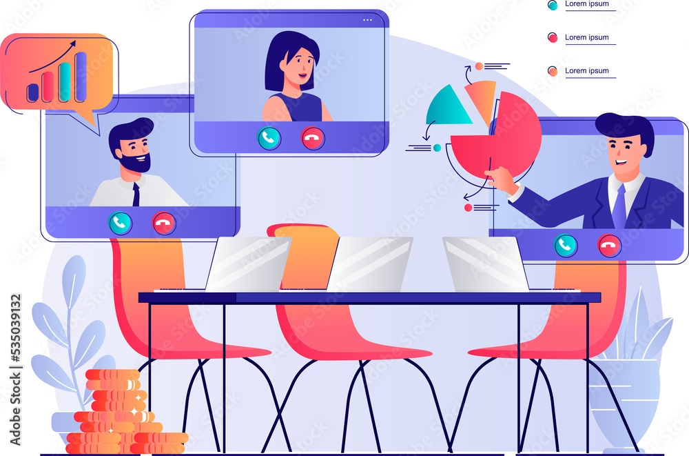 Video business conference concept with people scene. Man and woman colleagues discuss work tasks in group video chat at online meeting. Illustration with characters in flat design for web