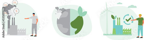Sustainability illustration set. Coal power station producing CO2 emission pollution and sustainable clean factory with renewable energy. Climate change concept. Vector