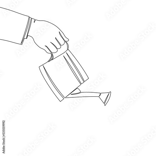 Continuous line drawing hand holding watering can icon vector illustration concept