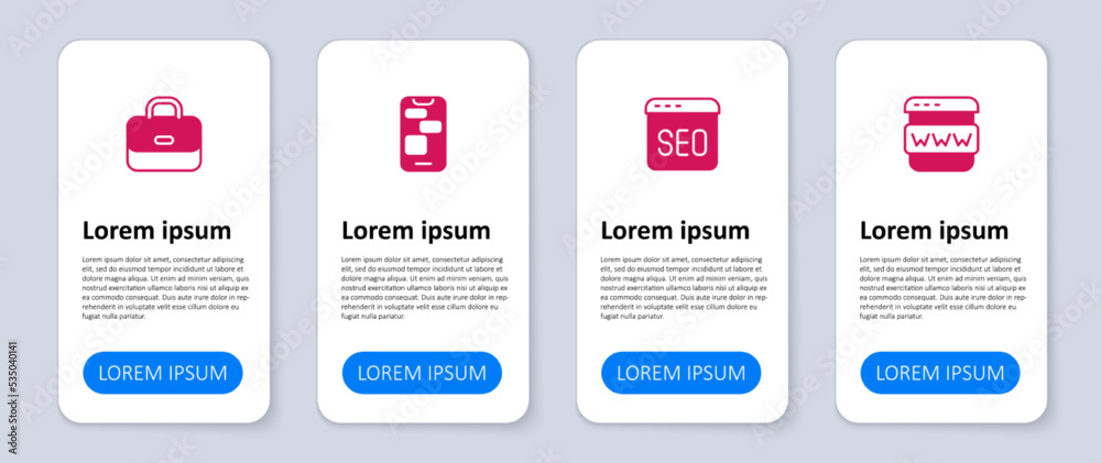 Set Browser window, SEO optimization, Mobile 24 hours support and Briefcase. Business infographic template. Vector Set Browser window, SEO optimization, Mobile 24 hours support and Briefcase. Business infographic template. Vector