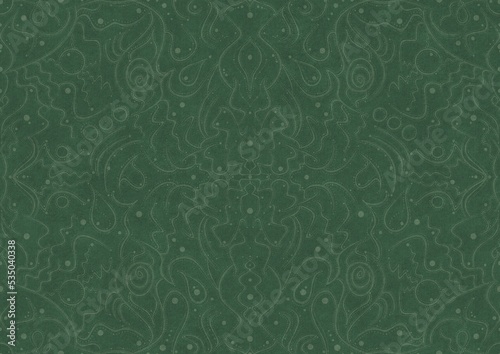 Hand-drawn unique abstract symmetrical seamless ornament. Bright semi transparent green on a deep warm green background. Paper texture. Digital artwork, A4. (pattern: p07-2a)