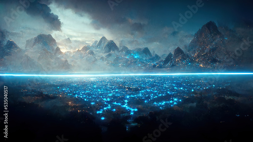 Futuristic fantasy landscape, sci-fi landscape with neon light.