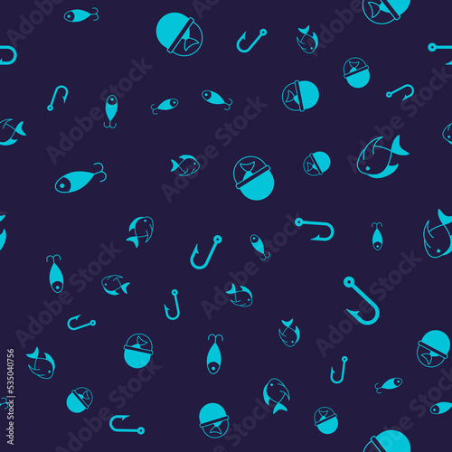Set Fishing lure, bucket with fish and hook on seamless pattern. Vector