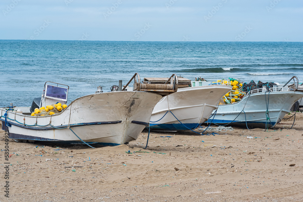 small fishing boats with a net on boards on the seashore