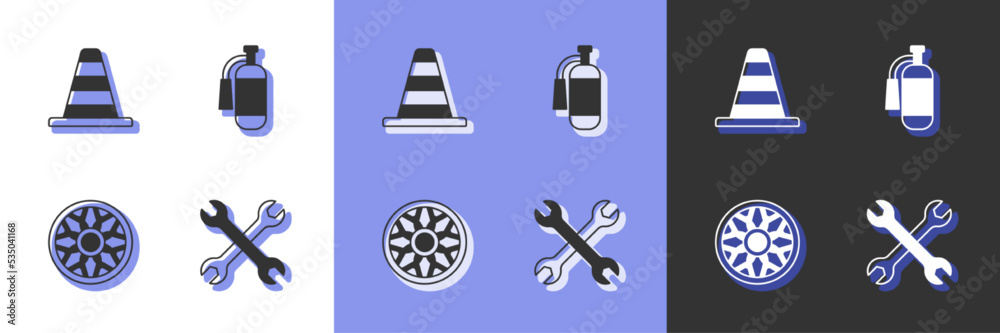 Set Wrench spanner, Traffic cone, Alloy wheel for car and Fire extinguisher icon. Vector Set Wrench spanner, Traffic cone, Alloy wheel for car and Fire extinguisher icon. Vector