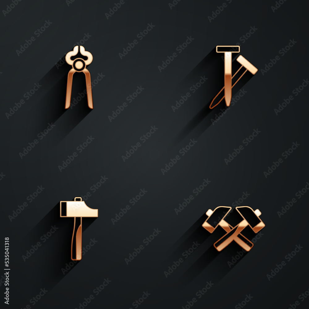 Set Blacksmith pliers tool, Metallic nails, Hammer and Crossed hammer icon with long shadow. Vector Set Blacksmith pliers tool, Metallic nails, Hammer and Crossed hammer icon with long shadow. Vector