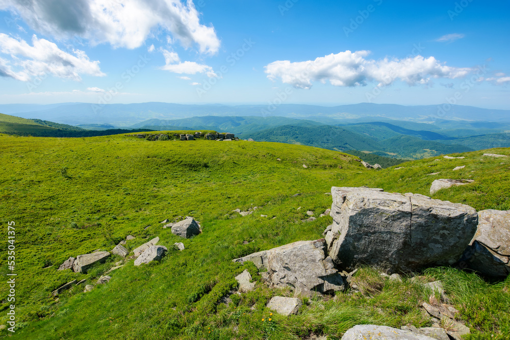 carpathian mountain summer landscape. green hills and stones on a sunny day with fluffy clouds. wonderful scenery of mnt runa