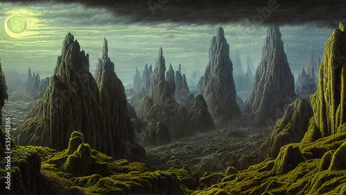 morning in the mountains, terror fantasy landscape