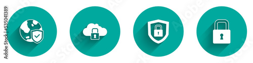 Set Shield with world globe, Cloud computing lock, security and Lock icon with long shadow. Vector