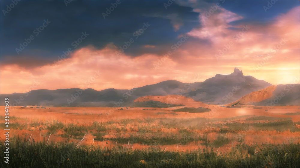 Fototapeta premium sunset over the mountains with peaceful field in front 