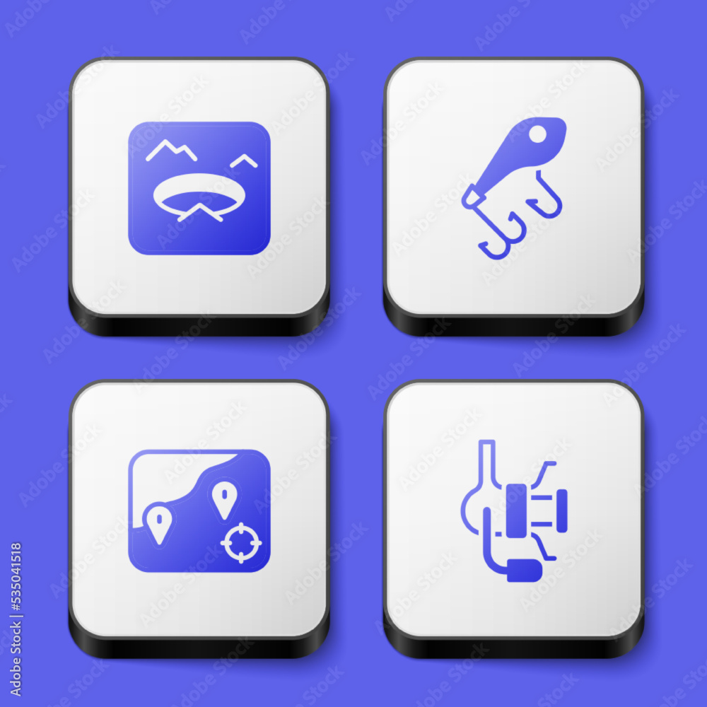 Set Winter fishing, Fishing lure, Location and Spinning reel for icon. White square button. Vector Set Winter fishing, Fishing lure, Location and Spinning reel for icon. White square button. Vector