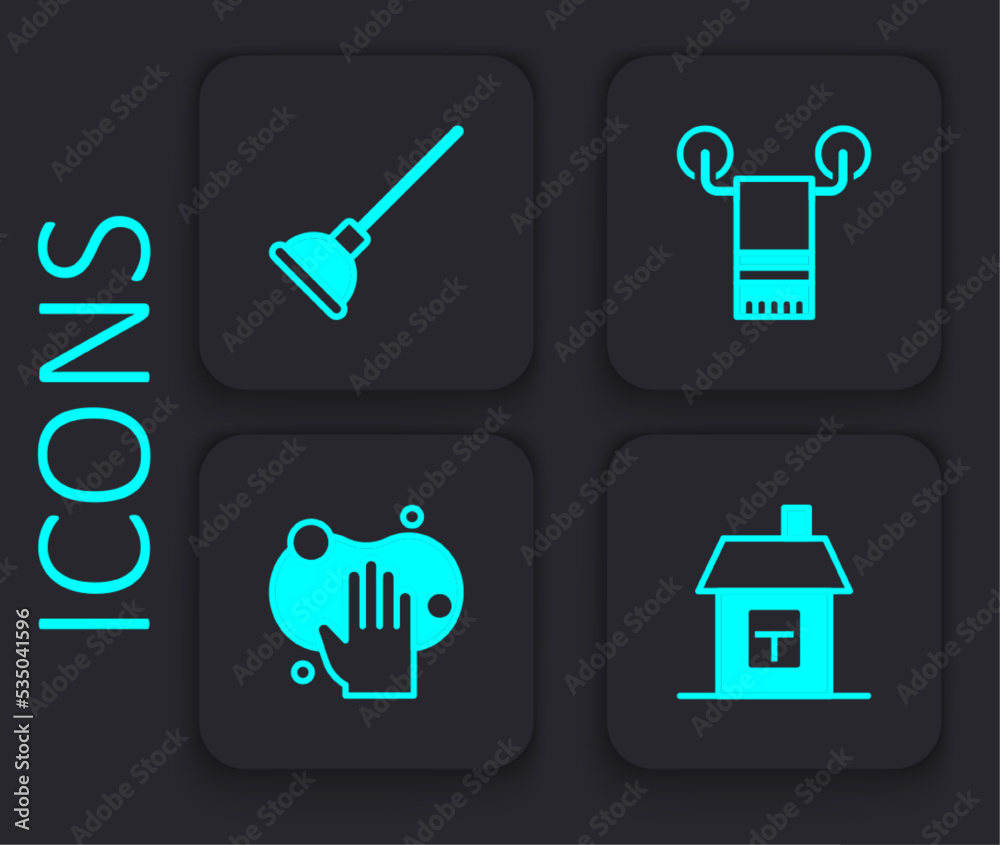 Set House, Rubber plunger, Towel on hanger and Sponge icon. Black square button. Vector Set House, Rubber plunger, Towel on hanger and Sponge icon. Black square button. Vector