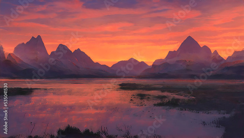 sunrise over lake with red sky