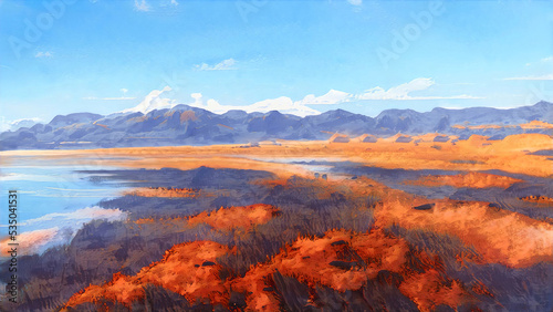 sunset in the mountains with a large field painting