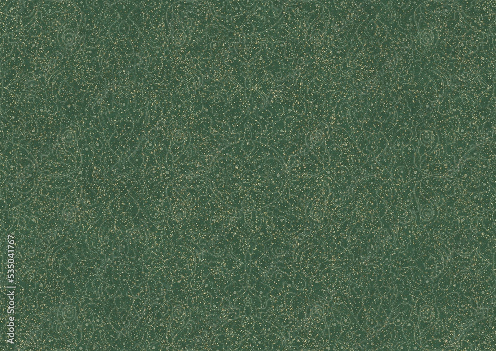 Fototapeta premium Hand-drawn unique abstract seamless ornament. Light green on a darker warm green background, with splatters of golden glitter. Paper texture. Digital artwork, A4. (pattern: p07-2b)