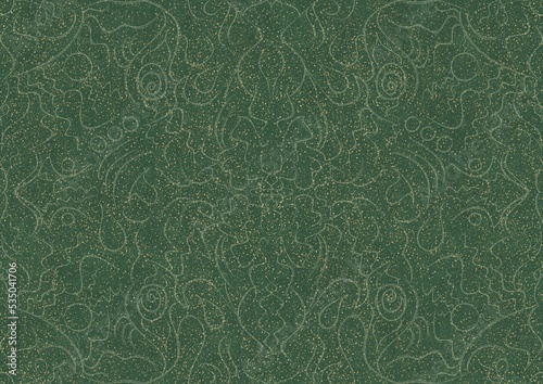 Hand-drawn unique abstract seamless ornament. Light green on a darker warm green background, with splatters of golden glitter. Paper texture. Digital artwork, A4. (pattern: p07-1a)