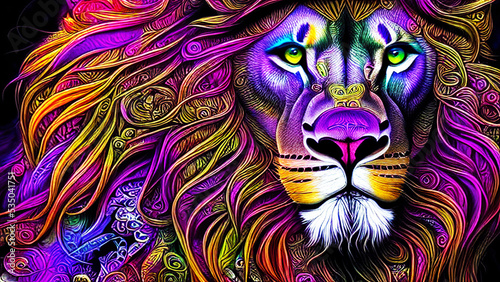 lion head with flames and colorful scheme