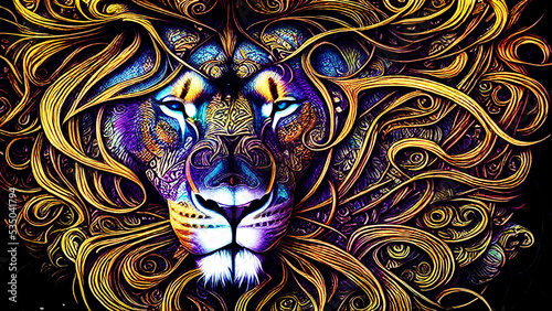 ornamental tiger head on a black background with golden details and dramatic dark mood