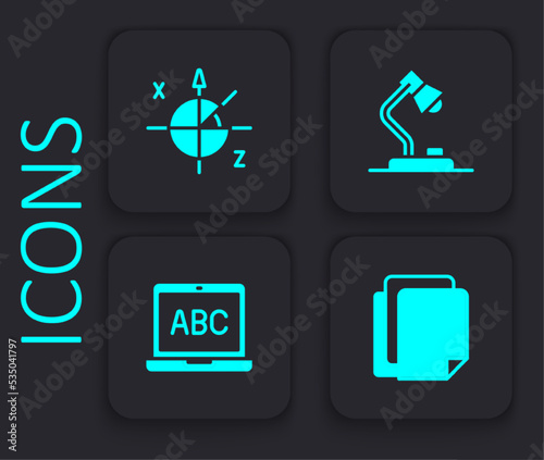 Set File document, Trigonometric circle, Table lamp and Laptop icon. Black square button. Vector