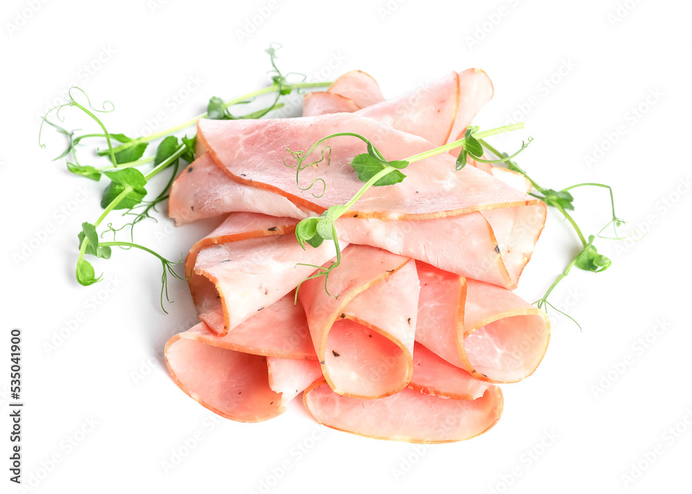 Heap of sliced ham with microgreen on white background Heap of sliced ham with microgreen on white background