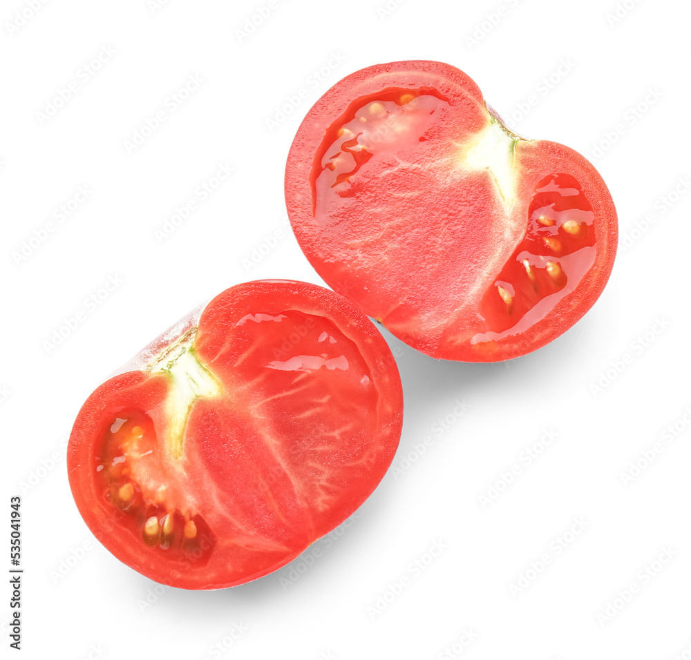 Halves of ripe tomato on white background