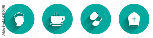 Set French man, Coffee cup, Olives and Pope hat icon with long shadow. Vector