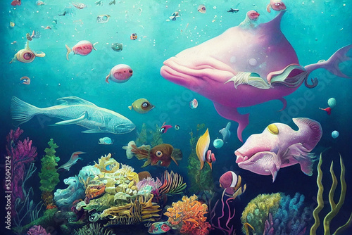 Photo surreal fantasy underwater world creatures , digital illustration