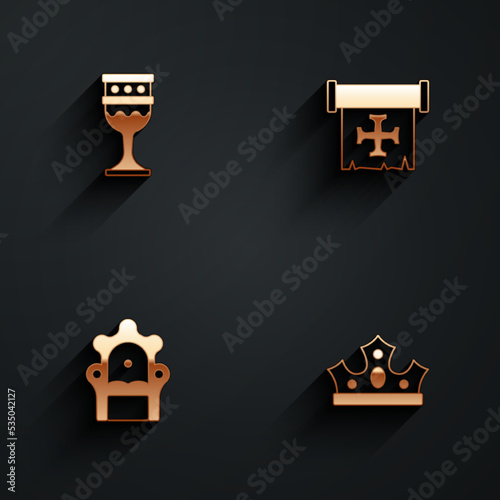 Set Medieval goblet, Crusade, throne and King crown icon with long shadow. Vector