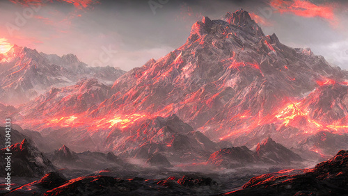 red fantasy mountain with dark mood