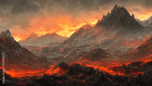 horror landscape and mountains with red sky with lava © Exordium_Fractal