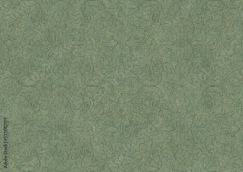 Hand-drawn unique abstract seamless ornament. Dark green on light warm green background, with splatters of golden glitter. Paper texture. Digital artwork, A4. (pattern: p07-1b)